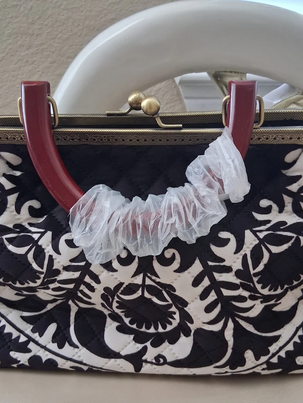 Black & White Quilted Floral Frame Clutch with Gold Rose Accent